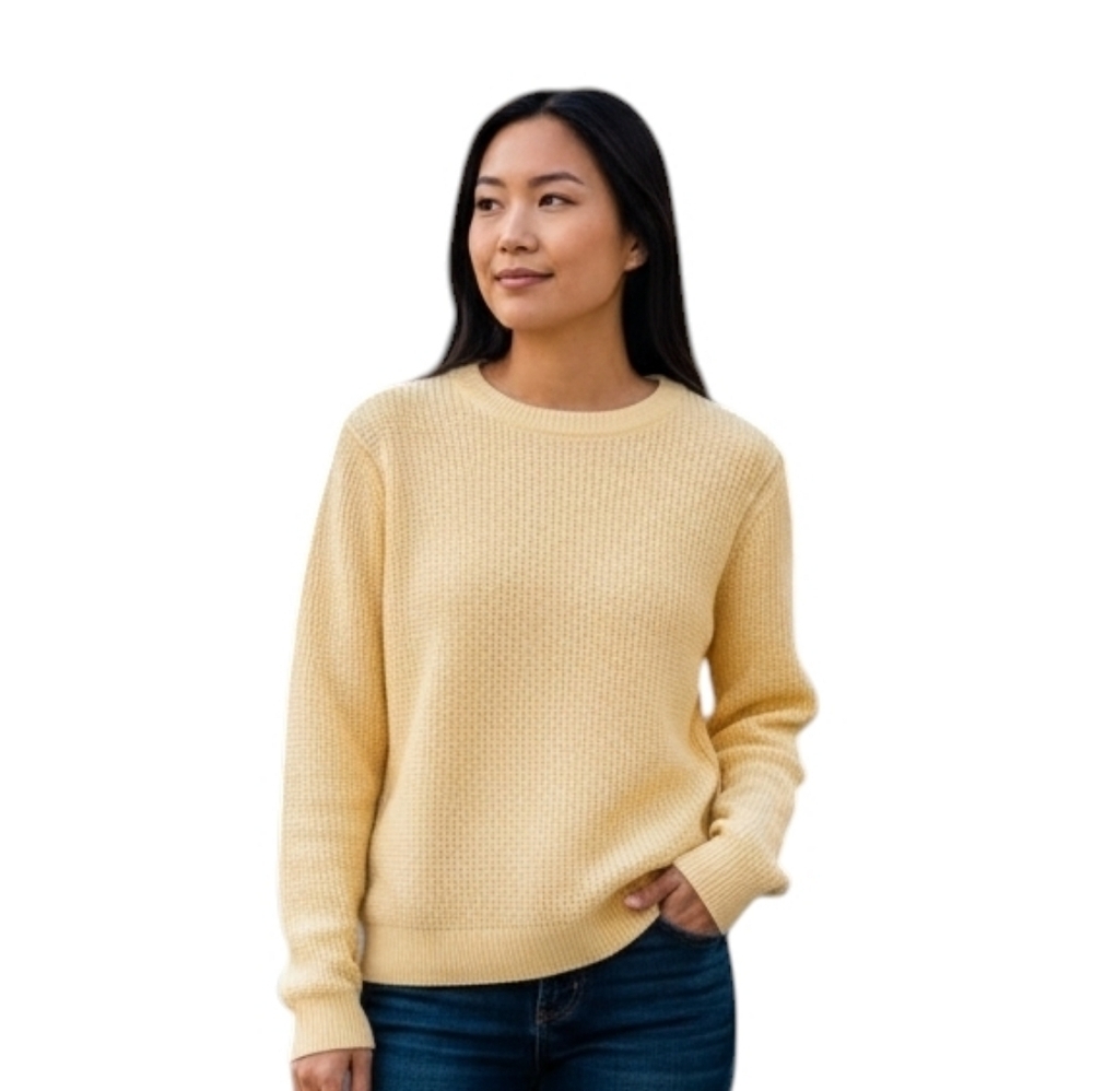 Vintage Butter Yellow Crew Neck Waffle Knit Sweater
